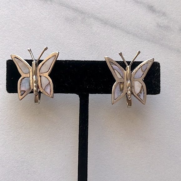 TAXCO Mexico RM Sterling Silver Abalone Inlay Butterfly Screw Back Earrings 925 - Picture 3 of 14